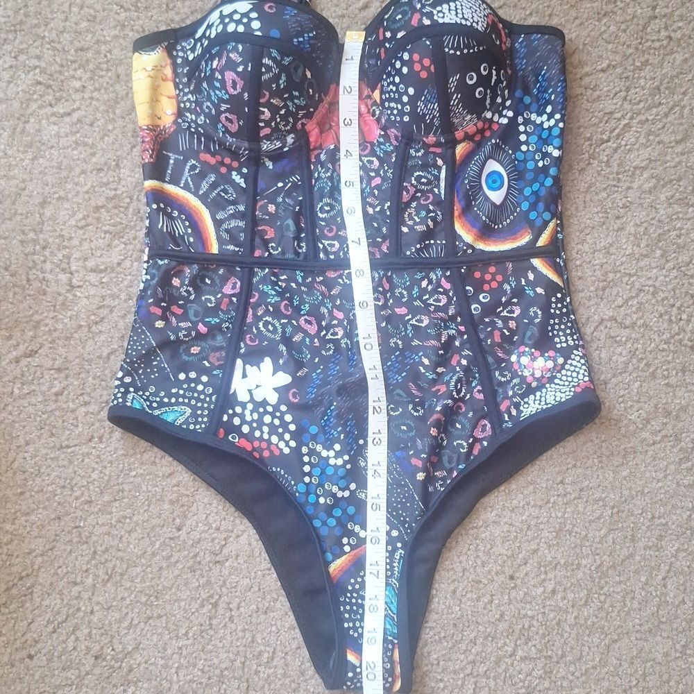 Vibrant Tropical Bustier One-Piece Swimsuit Rainbow Graphic & Black Piping Sz M - Picture 5 of 7